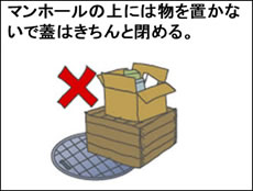 マンホールの上には物を置かないで蓋はきちんと閉める